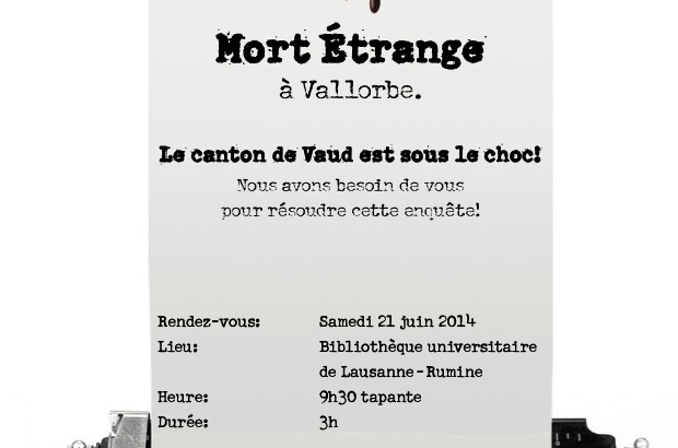 Le flyer du jeu de piste "Mort étrange à Vallorbe".