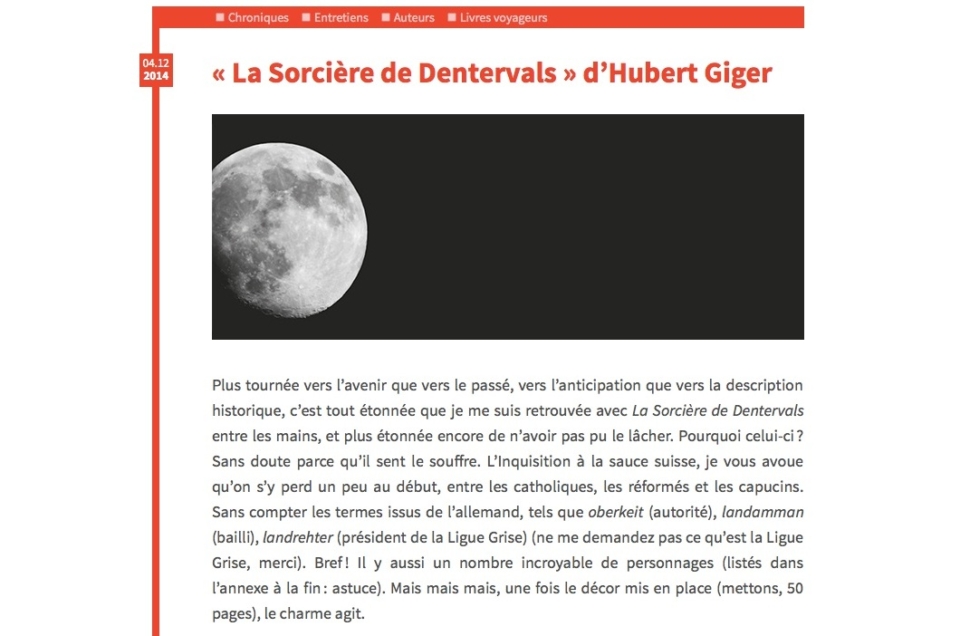 "La Sorcière de Dentervals" sur le blog LittératureRomande.net.